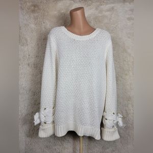 Kaari Blue Women's Size XL Sweater Pullover Cable Open Knit Chunky White Bows J
